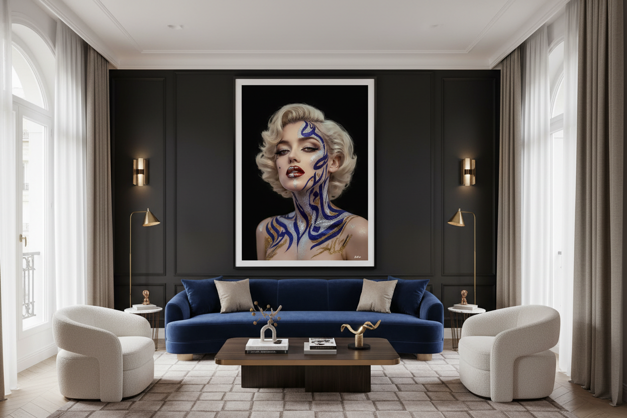 Marilyn Maktoub — Body Paint, calligraphie arabe sur fond noir, art numérique Fine Art édition limitée 150 ex. | Bybadr