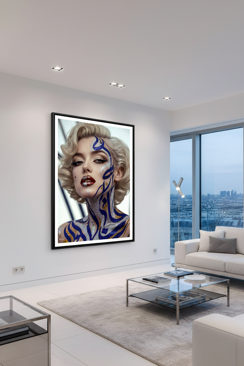 Marilyn Maktoub — Body Paint Fine Art encadré dans un salon moderne | Bybadr