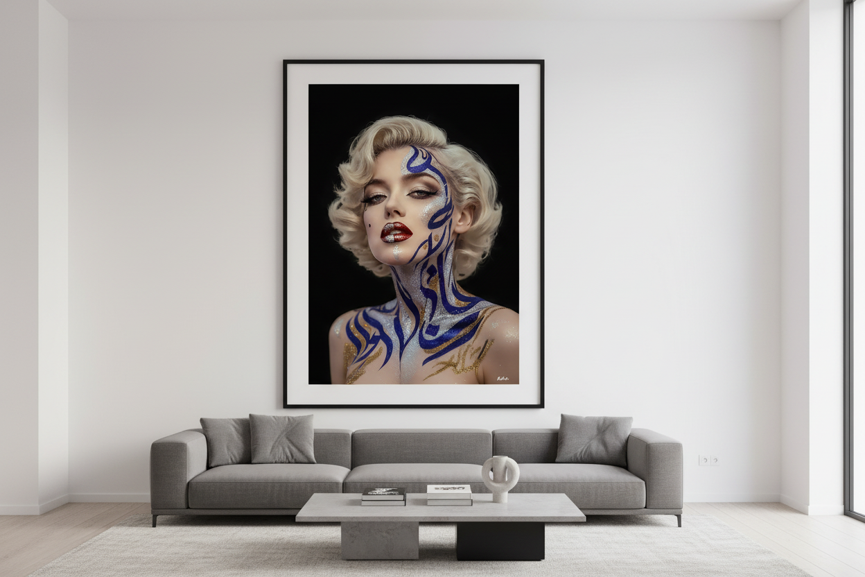 Marilyn Maktoub — Body Paint Fine Art encadré sur mur blanc, intérieur luxe | Bybadr
