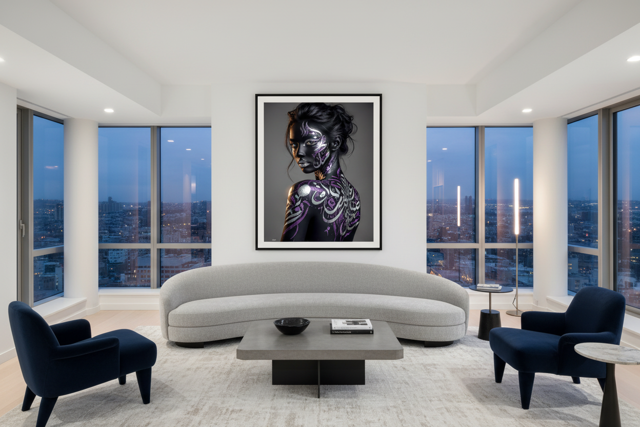 Née de l'Ombre — Body Paint encadré dans un salon moderne | Bybadr