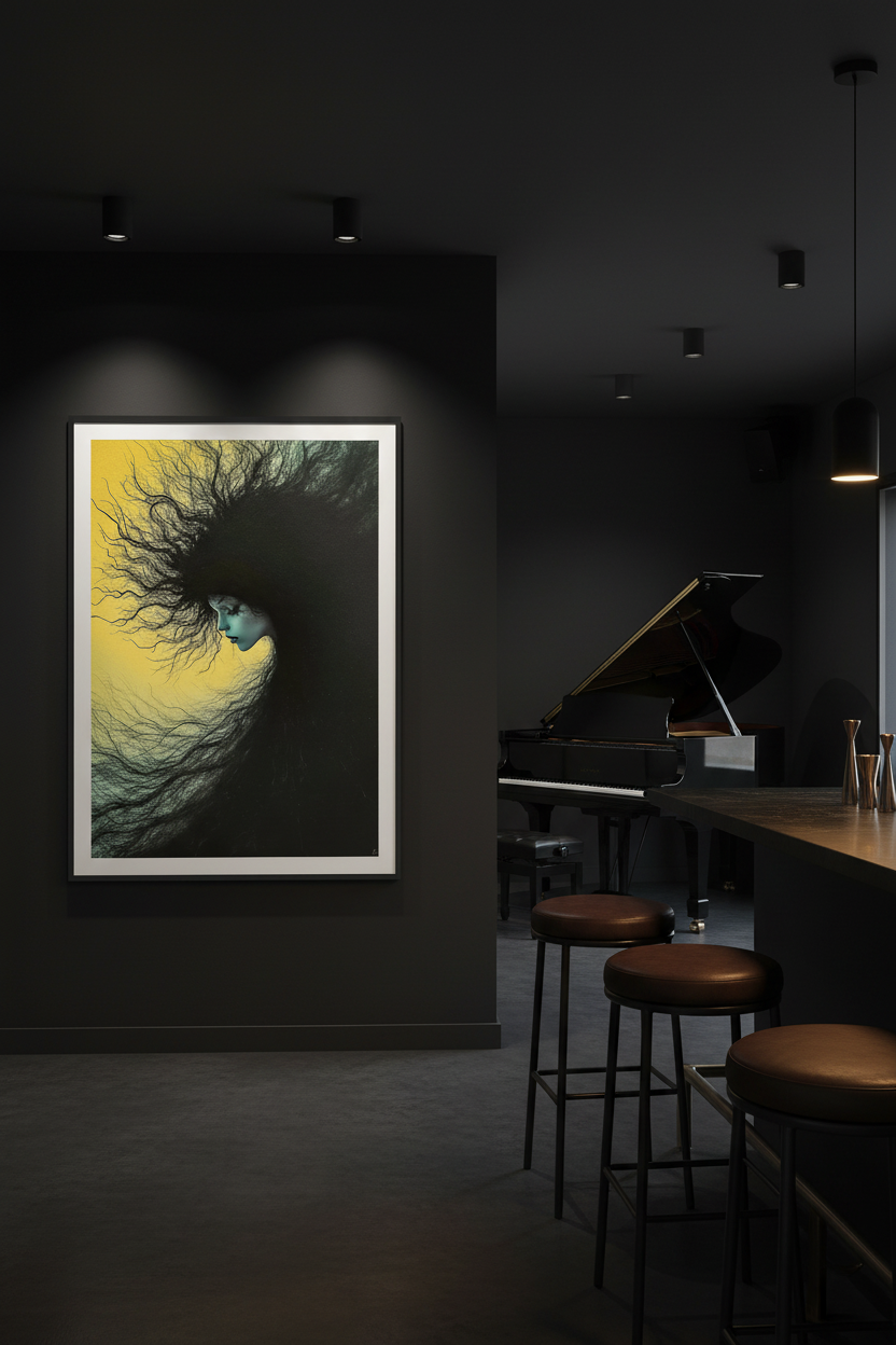 Nuée d'Encre et d'Or — Tirage Fine Art encadré dans un bar jazz moderne | Bybadr