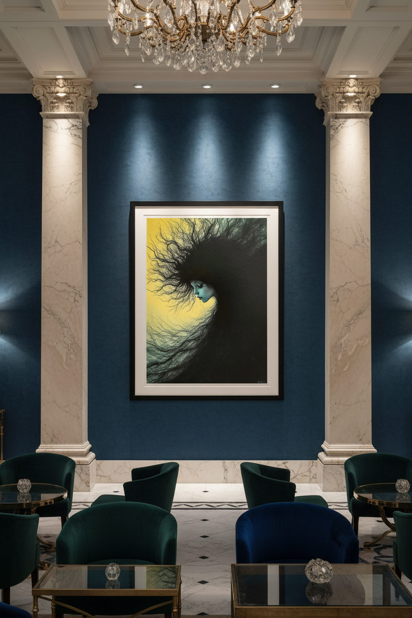 Nuée d'Encre et d'Or — Tirage Fine Art encadré dans un lobby de palace | Bybadr
