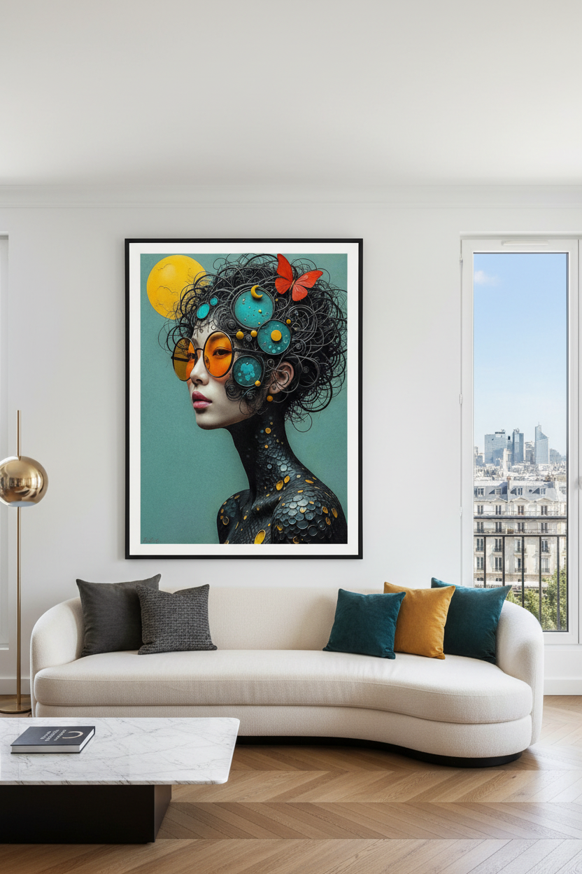 Regard Solaire, Âme Cosmique — Tirage Fine Art encadré dans un salon parisien | Bybadr