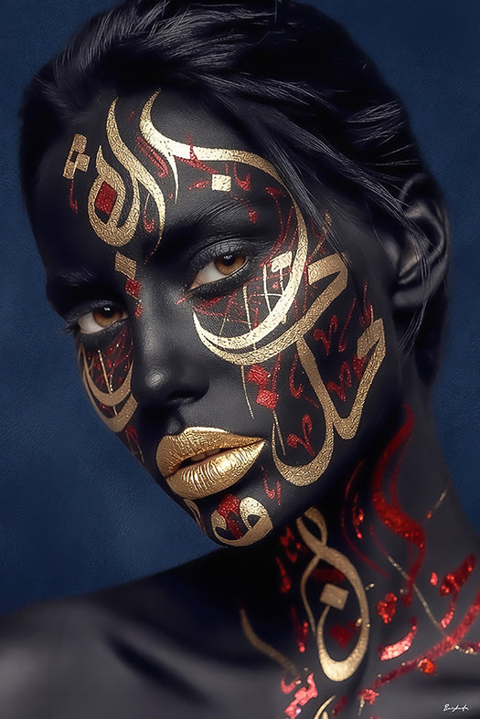 Sang et Or — Body Paint, calligraphie arabe or et rouge sang, fond bleu nuit, édition limitée 150 ex. | Bybadr


