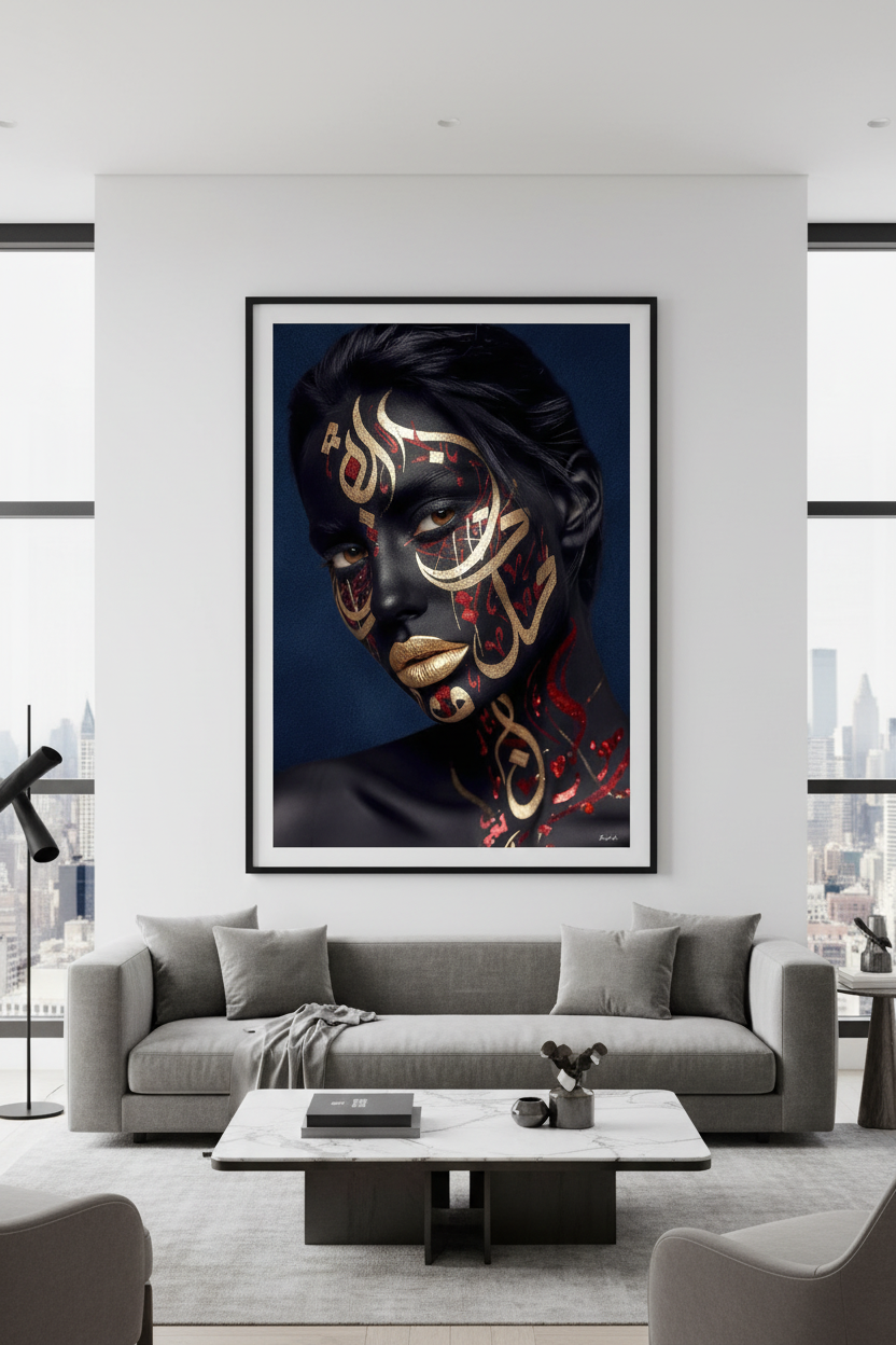 Sang et Or — Body Paint encadré dans un salon moderne | Bybadr