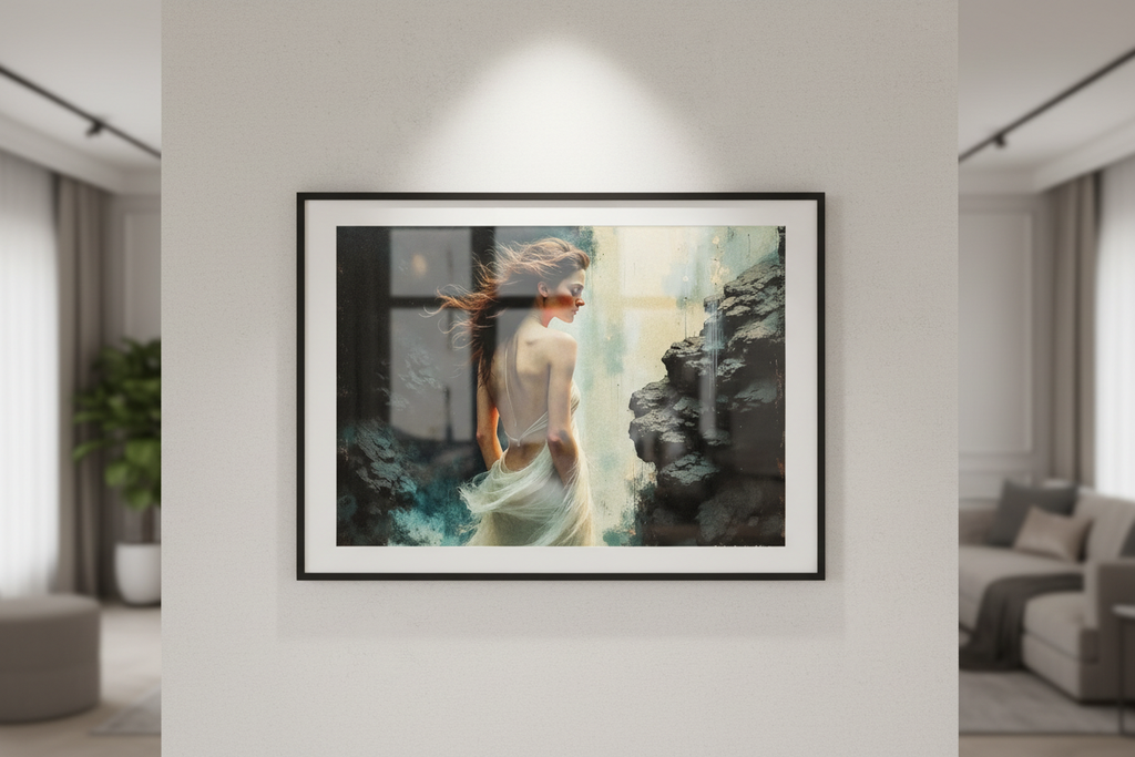 Vers la Lumière — Portrait Cosmique encadré en situation, art numérique Fine Art | Bybadr